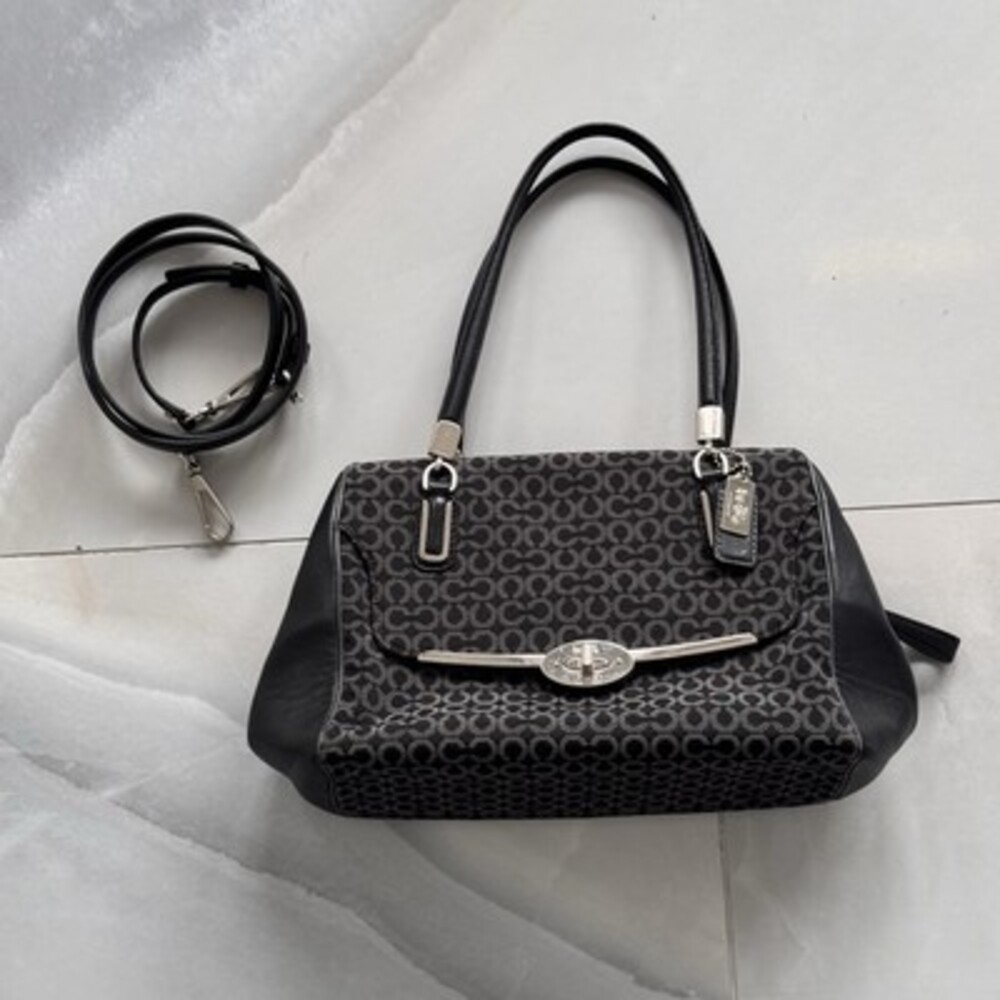Coach Black Op Art Canvas Leather Madison Bag + Strap CLEAN! - Picture 3 of 11